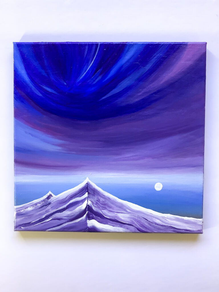 Painting of a little moon beside the mountain of lavender streaks just below an extravagant upturned sky.