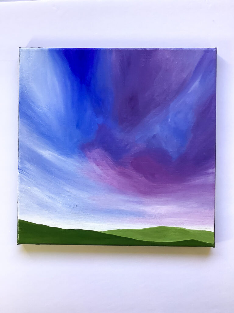 Painting of light and airy periwinkle clouds whisking past rolling hills below.