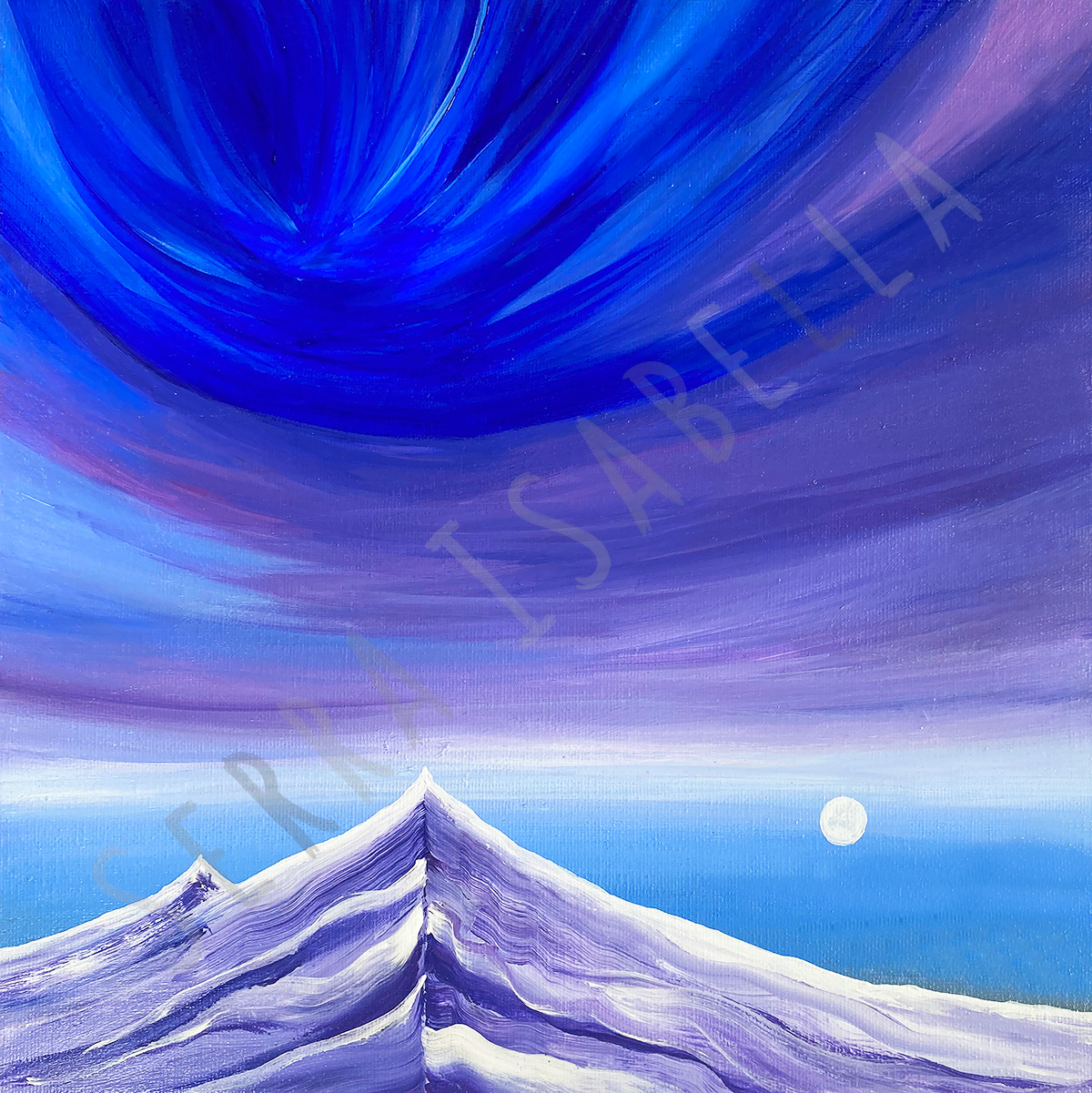 Painting of a little moon beside the mountain of lavender streaks just below an extravagant upturned sky.