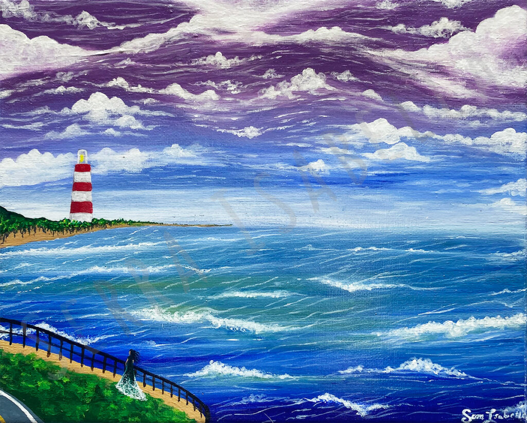 Painting of a woman and a lighthouse watching the sea, crashing waves and rolling clouds.