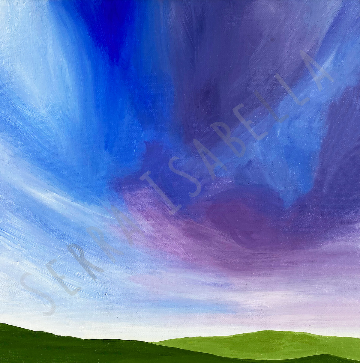 Painting of light and airy periwinkle clouds whisking past rolling hills below.