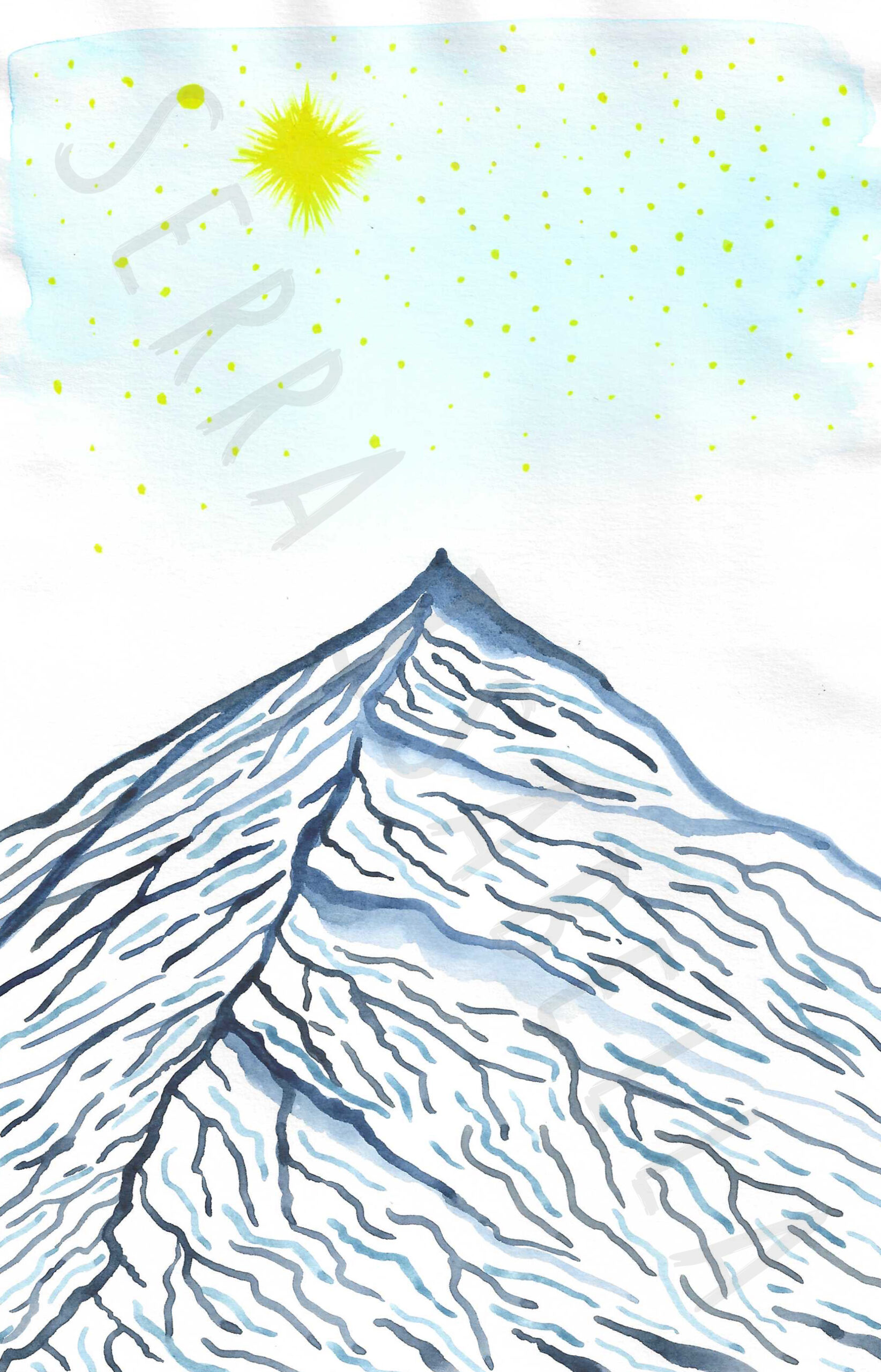 watercolor blue mountain landscape painting