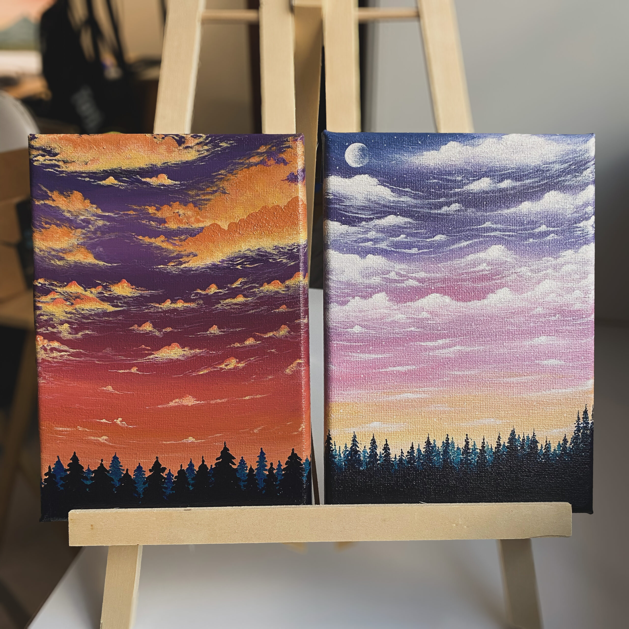 a sunrise next to a sunset acrylic painting